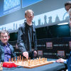 Levon Aronian, Robert Emms (Fischer), Ronan Raftery (Spassky) and Magnus Carlsen [Photography courtesy of London Chess Classic]