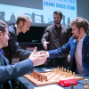 Levon Aronian, Robert Emms (Fischer), Ronan Raftery (Spassky) and Magnus Carlsen [Photography courtesy of London Chess Classic]